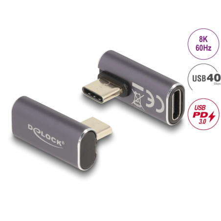 Delock USB Adapter 40 Gbps USB Type-C™ PD 3.0 100 W Stecker zu Buchse gedreht gewinkelt links / rechts 8K 60 Hz Metall