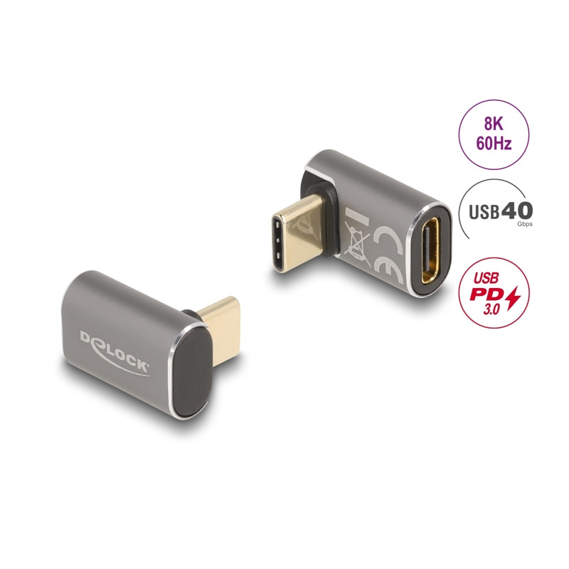 Delock USB Adapter 40 Gbps USB Type-C™ PD 3.0 100 W Stecker zu Buchse gewinkelt 8K 60 Hz Metall