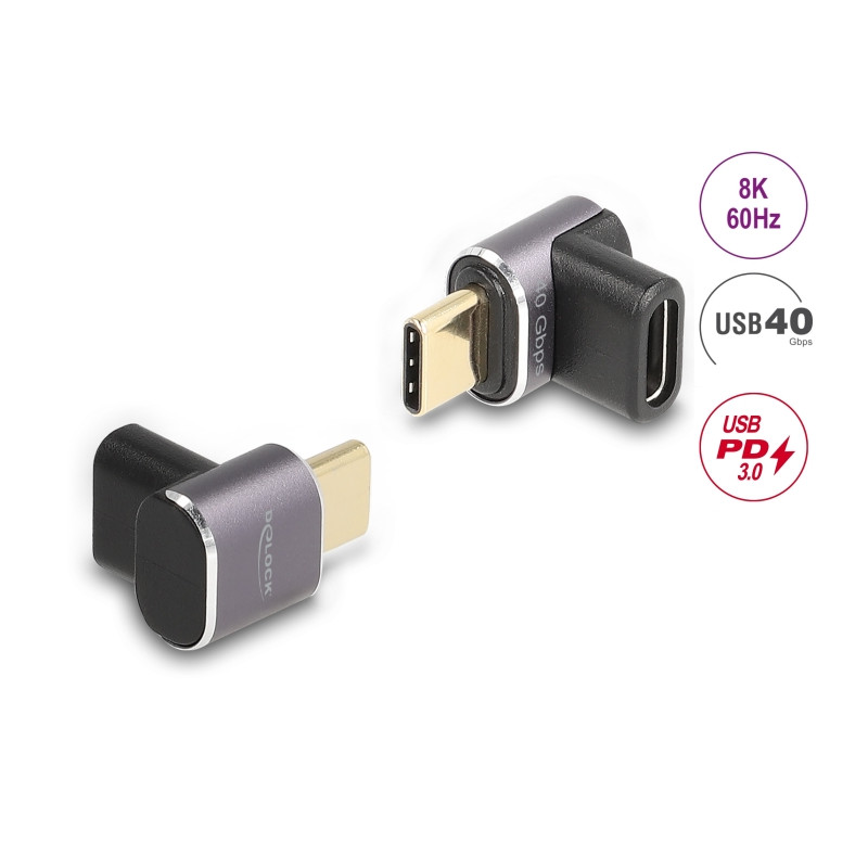 Delock USB Adapter 40 Gbps USB Type-C™ PD 3.0 100 W Stecker zu Buchse gewinkelt 8K 60 Hz Metall kompakt