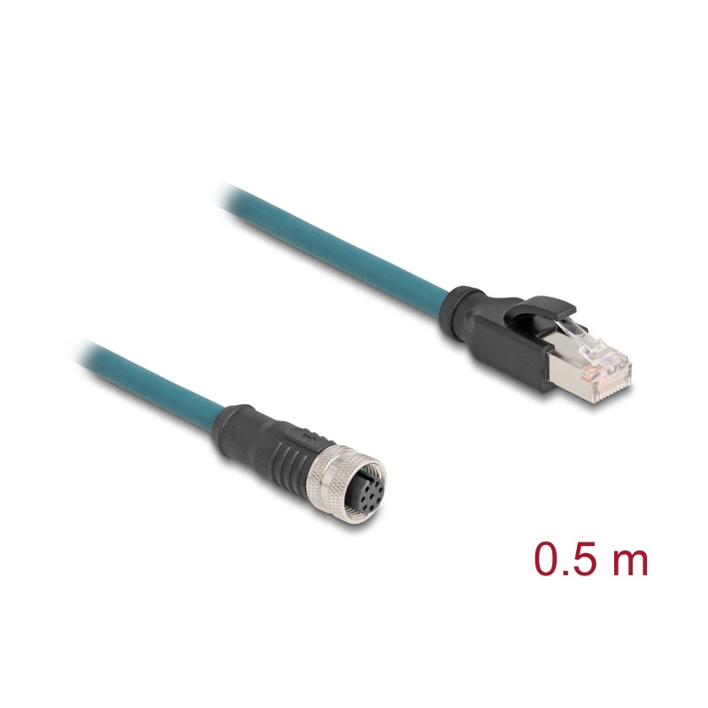 Delock M12 Adapterkabel A-kodiert 8 Pin Buchse zu RJ45 Stecker 50 cm
