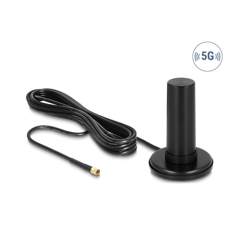 Delock 5G LTE Antenne SMA Stecker 0 - 3 dBi starr omnidirektional mit magnetischem Standfuß und Anschlusskabel RF195 3 m outdoor