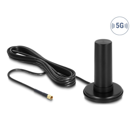 Delock 5G LTE Antenne SMA Stecker 0 - 3 dBi starr omnidirektional mit magnetischem Standfuß und Anschlusskabel RF195 3 m outdoor