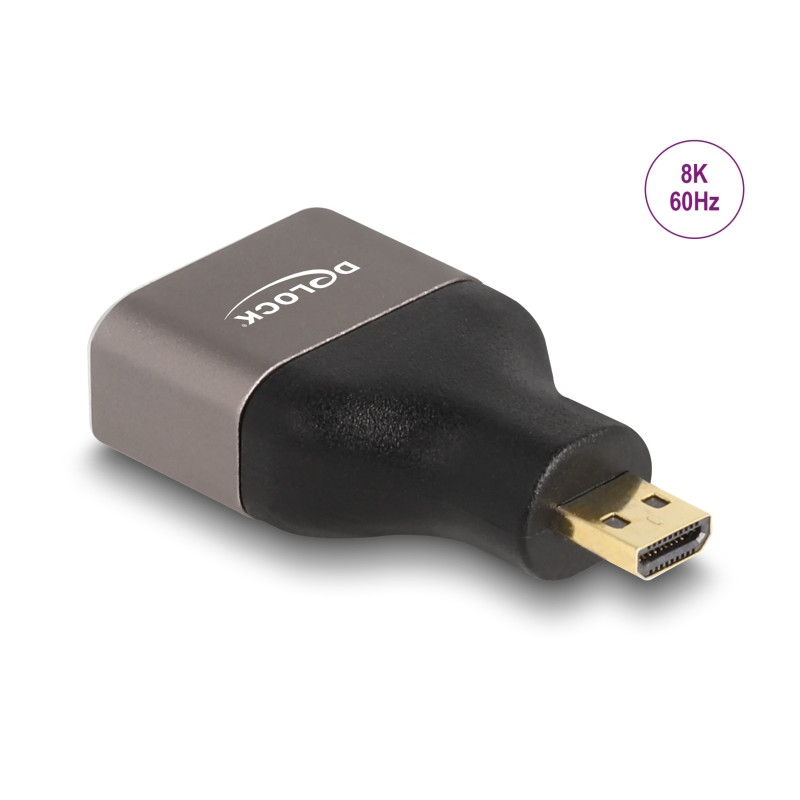Delock HDMI Adapter Micro-D Stecker zu A Buchse 8K 60 Hz grau Metall