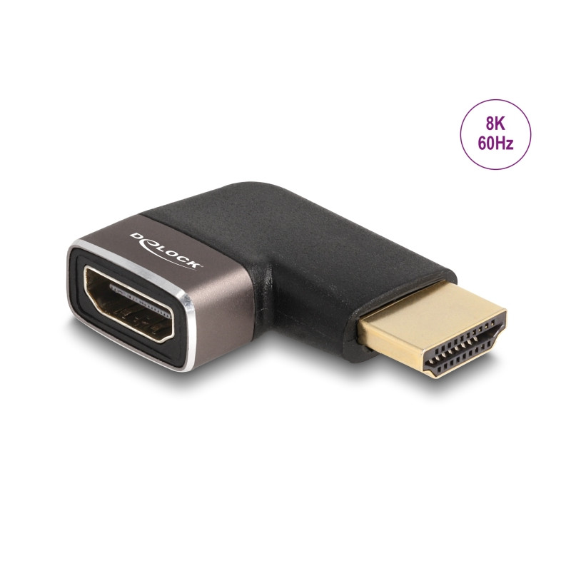 Delock HDMI Adapter Stecker zu Buchse 90° links gewinkelt 8K 60 Hz grau Metall