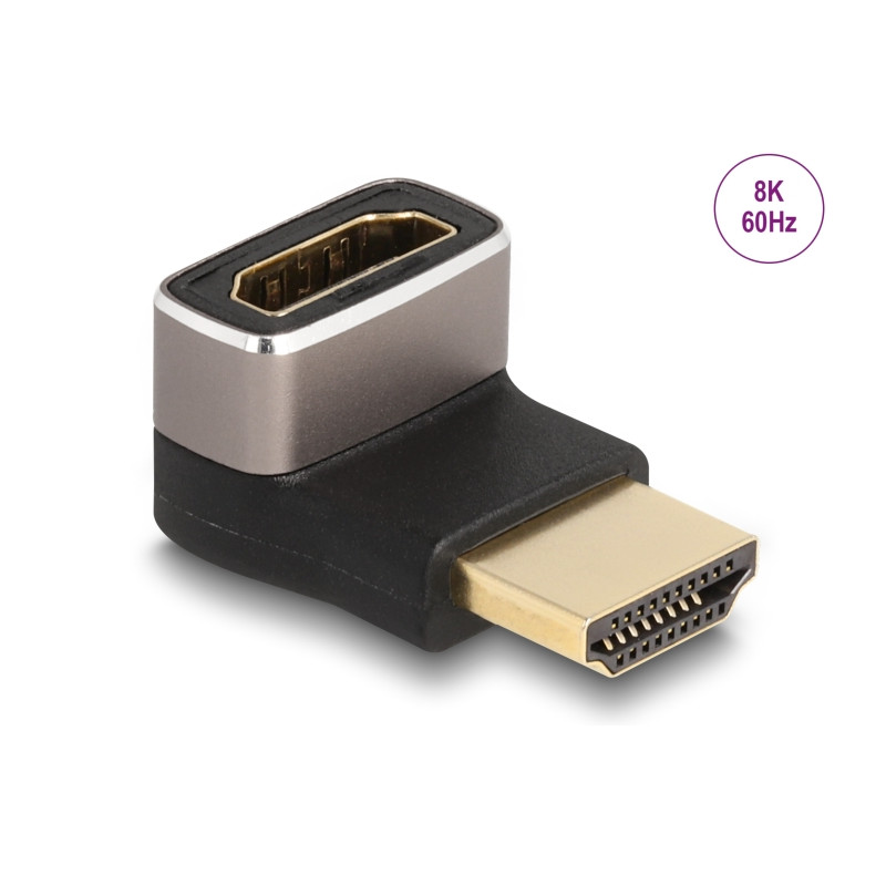 Delock HDMI Adapter Stecker zu Buchse 90° unten gewinkelt 8K 60 Hz grau Metall
