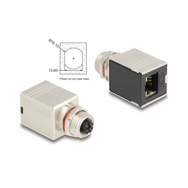 Delock M12 Adapter X-kodiert 8 Pin Buchse zu RJ45 Buchse Cat.6A STP geschirmt gerade