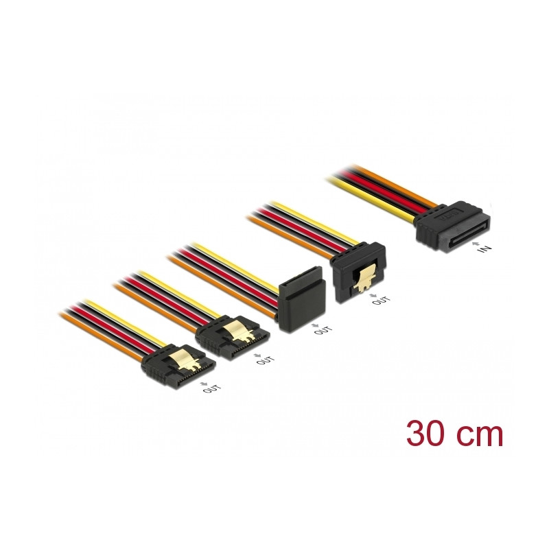 Delock Kabel SATA 15 Pin Strom Stecker mit Einrastfunktion - SATA 15 Pin Strom Buchse 2 x gerade / 1 x unten / 1 x oben 30 cm