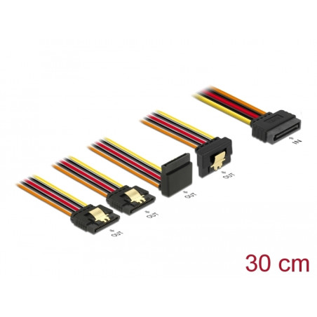 Delock Kabel SATA 15 Pin Strom Stecker mit Einrastfunktion - SATA 15 Pin Strom Buchse 2 x gerade / 1 x unten / 1 x oben 30 cm