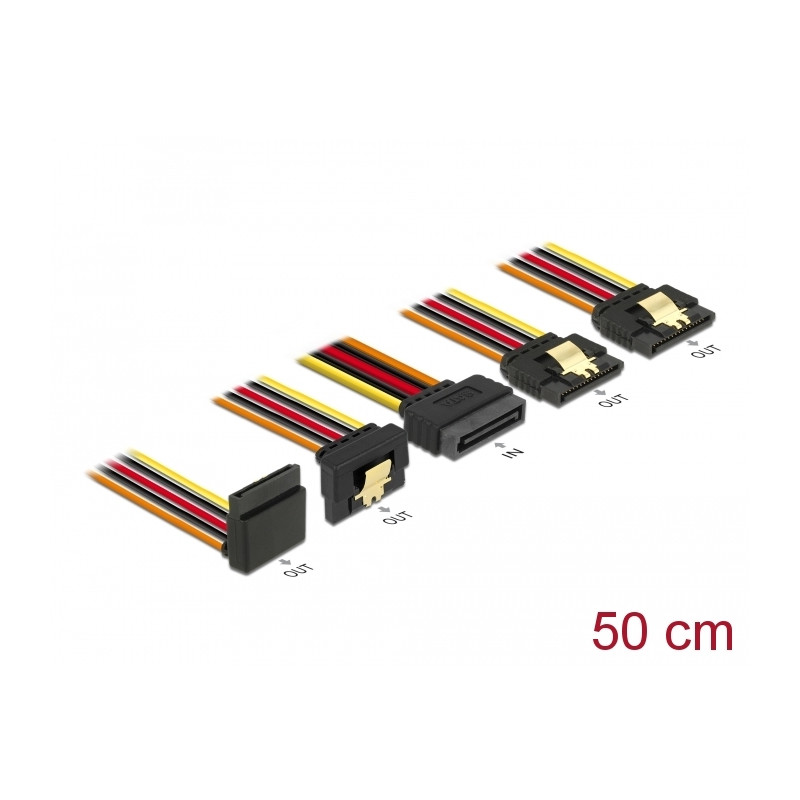 Delock Kabel SATA 15 Pin Strom Stecker mit Einrastfunktion - SATA 15 Pin Strom Buchse 2 x gerade / 1 x unten / 1 x oben 50 cm