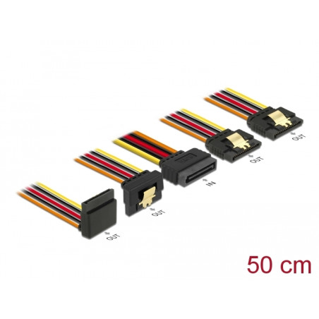 Delock Kabel SATA 15 Pin Strom Stecker mit Einrastfunktion - SATA 15 Pin Strom Buchse 2 x gerade / 1 x unten / 1 x oben 50 cm