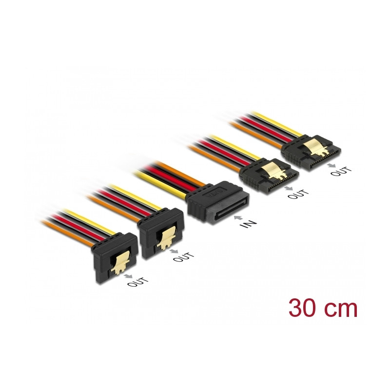 Delock Kabel SATA 15 Pin Strom Stecker mit Einrastfunktion - SATA 15 Pin Strom Buchse 2 x gerade / 2 x unten 30 cm