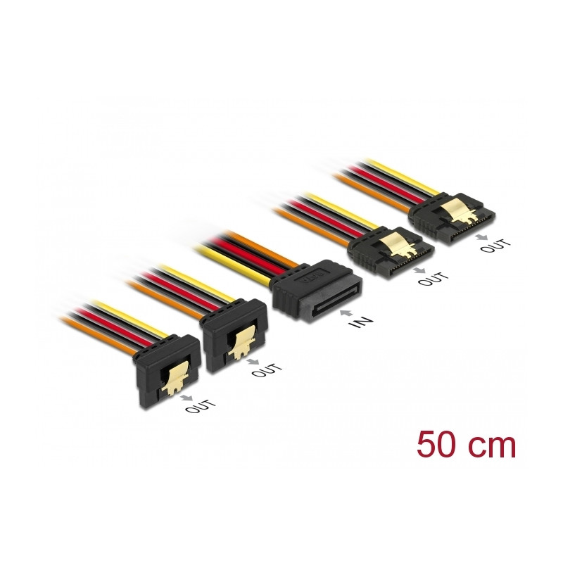 Delock Kabel SATA 15 Pin Strom Stecker mit Einrastfunktion - SATA 15 Pin Strom Buchse 2 x gerade / 2 x unten 50 cm