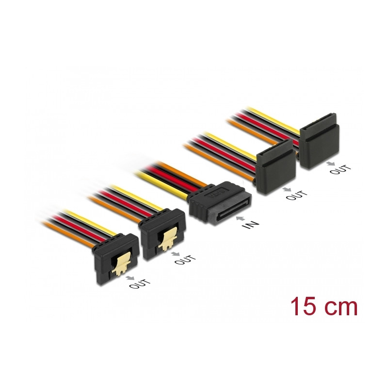 Delock Kabel SATA 15 Pin Strom Stecker mit Einrastfunktion - SATA 15 Pin Strom Buchse 2 x unten / 2 x oben 15 cm