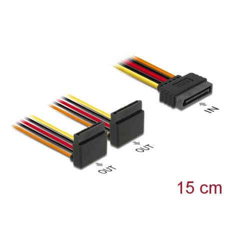 Delock Kabel SATA 15 Pin Strom Stecker mit Einrastfunktion - 2 x SATA 15 Pin Strom Buchse oben 15 cm