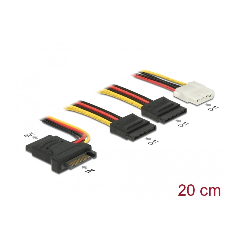 Delock Stromkabel SATA 15 Pin Stecker - 3 x SATA Buchse + 1 x Molex 4 Pin Buchse 20 cm (PCB)