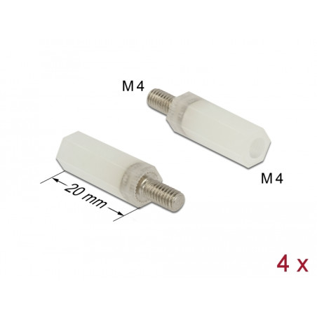 Delock Abstandshalter M4 x M4, Sechskant, Innen / Außen, 20 mm natur 4 Stück