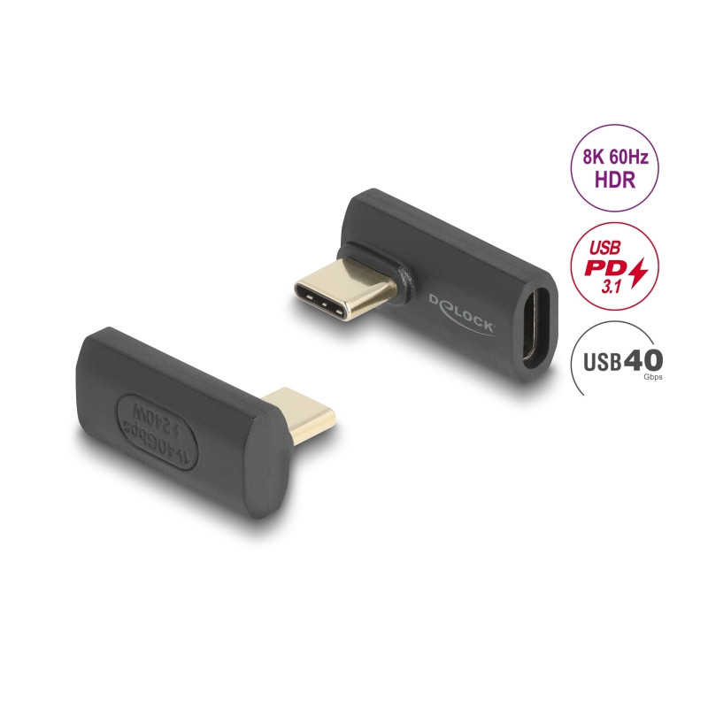 Delock USB Adapter 40 Gbps USB Type-C™ PD 3.1 240 W Stecker zu Buchse gedreht gewinkelt links / rechts 8K 60 Hz