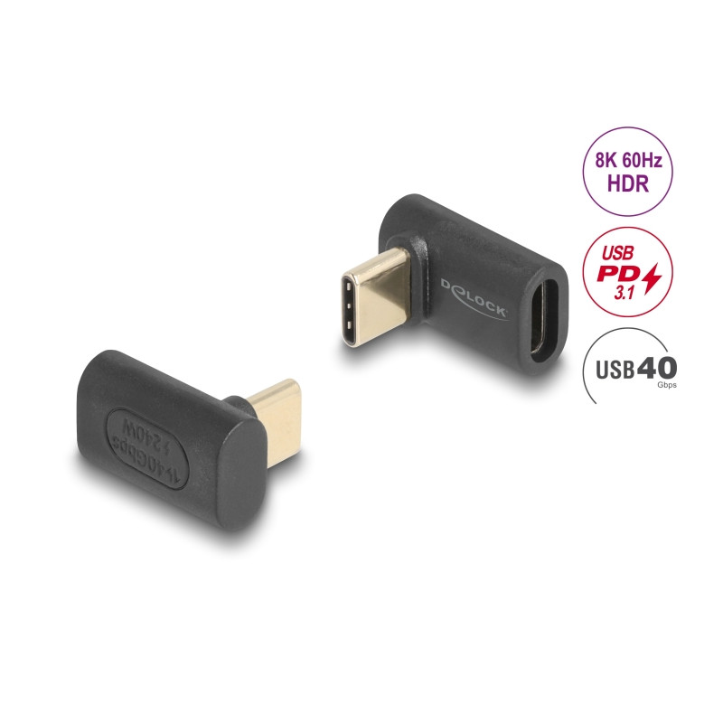 Delock Adapter USB 40 Gbps USB Type-C™ PD 3.1 240 W Stecker zu Buchse gewinkelt 8K 60 Hz