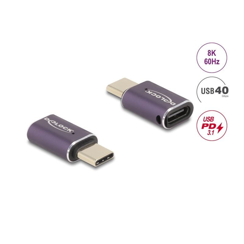Delock USB Adapter 40 Gbps USB Type-C™ PD 3.1 240 W Stecker zu Buchse Portschoner 8K 60 Hz Metall