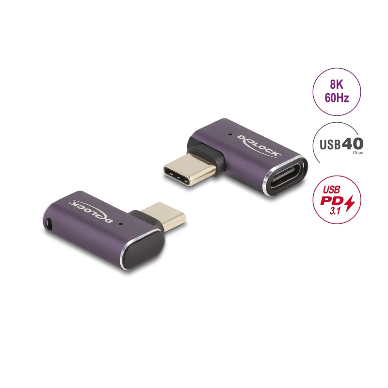 Delock USB Adapter 40 Gbps USB Type-C™ PD 3.1 240 W Stecker zu Buchse gewinkelt links / rechts 8K 60 Hz Metall