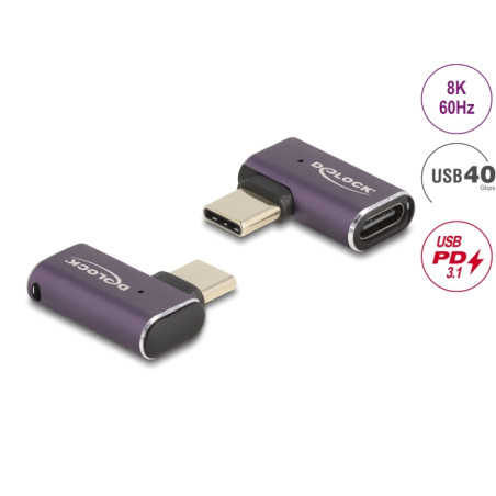 Delock USB Adapter 40 Gbps USB Type-C™ PD 3.1 240 W Stecker zu Buchse gewinkelt links / rechts 8K 60 Hz Metall