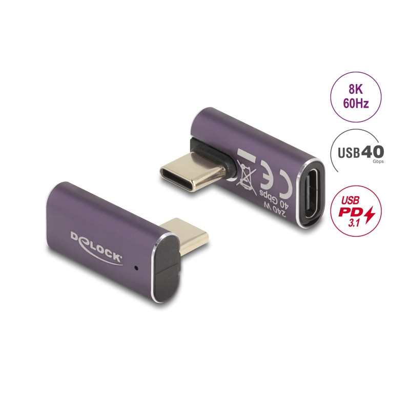 Delock USB Adapter 40 Gbps USB Type-C™ PD 3.1 240 W Stecker zu Buchse gedreht gewinkelt links / rechts 8K 60 Hz Metall