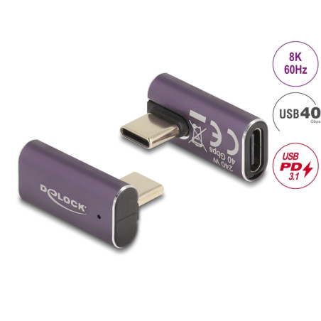 Delock USB Adapter 40 Gbps USB Type-C™ PD 3.1 240 W Stecker zu Buchse gedreht gewinkelt links / rechts 8K 60 Hz Metall