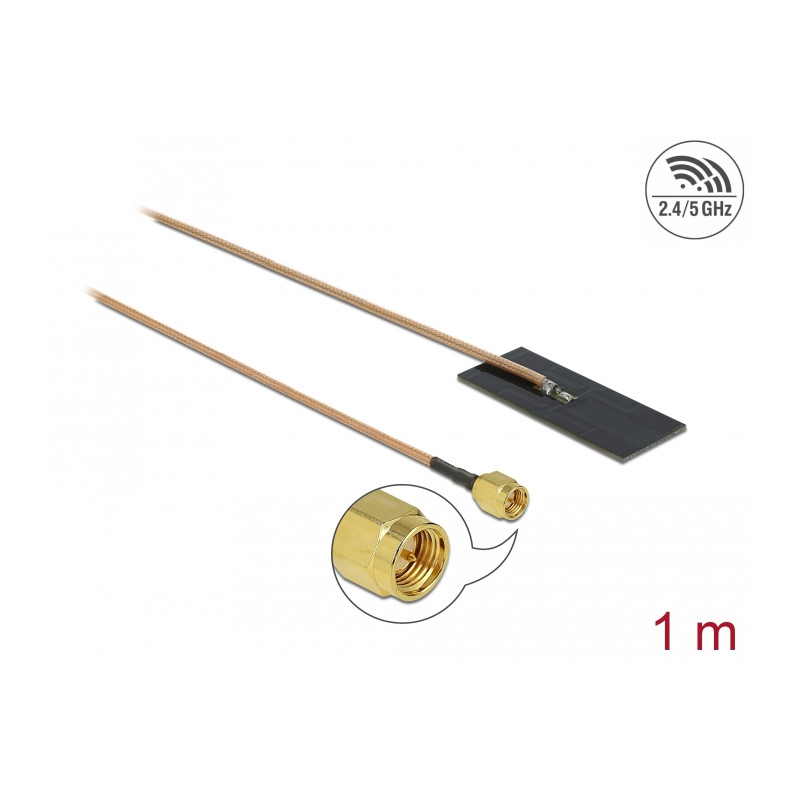 Delock WLAN 802.11 ac/ax/a/h/b/g/n Antenne SMA Stecker 0,5 - 1,2 dBi RG-178 1 m PCB intern Klebemontage