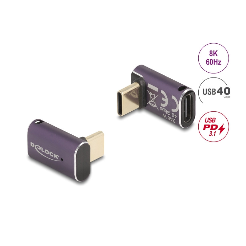 Delock USB Adapter 40 Gbps USB Type-C™ PD 3.1 240 W Stecker zu Buchse gewinkelt 8K 60 Hz Metall