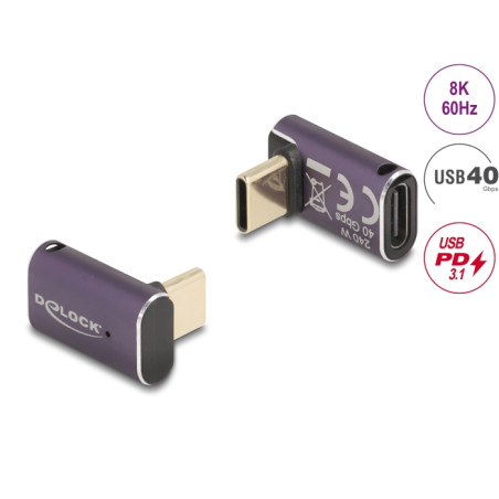 Delock USB Adapter 40 Gbps USB Type-C™ PD 3.1 240 W Stecker zu Buchse gewinkelt 8K 60 Hz Metall