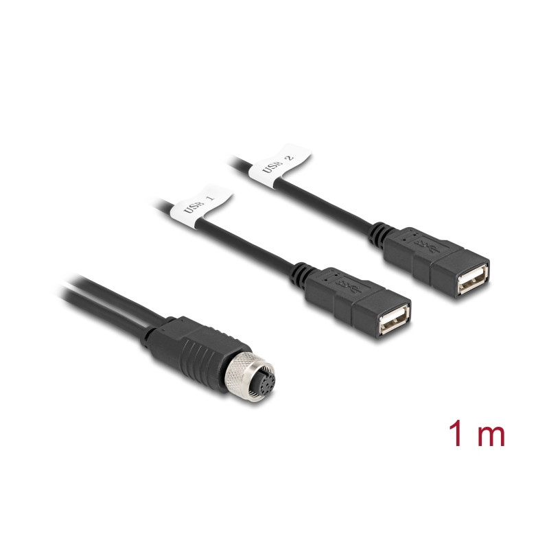 Delock M12 Kabel A-kodiert 8 Pin Buchse zu 2 x USB 2.0 Typ-A Buchse 1 m schwarz