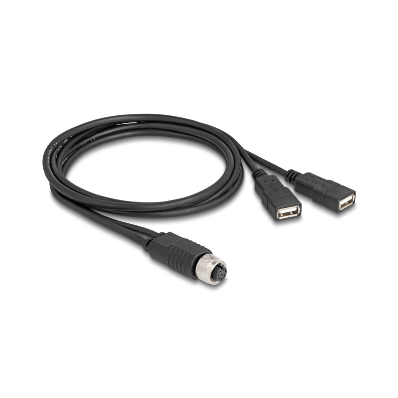 Delock M12 Kabel A-kodiert 8 Pin Buchse zu 2 x USB 2.0 Typ-A Buchse 1 m schwarz