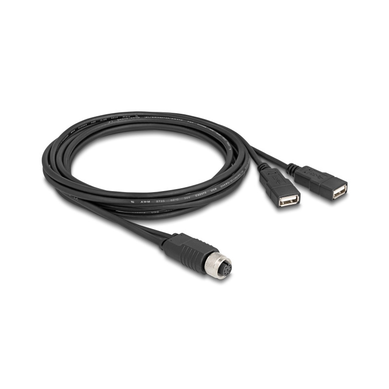 Delock M12 Kabel A-kodiert 8 Pin Buchse zu 2 x USB 2.0 Typ-A Buchse 2 m schwarz
