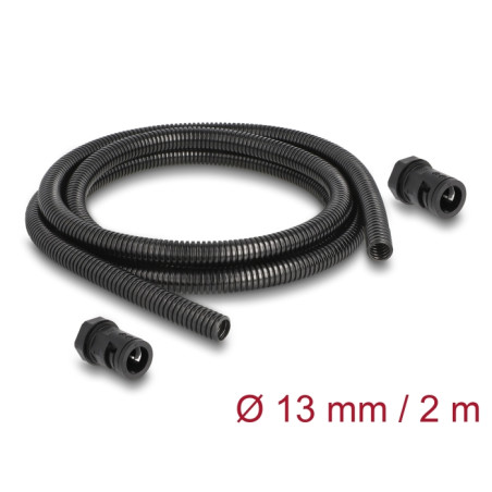 Delock Kabelschutzschlauch 2 m x 13 mm mit 2 x PG9 Schlauchverschraubung Set schwarz