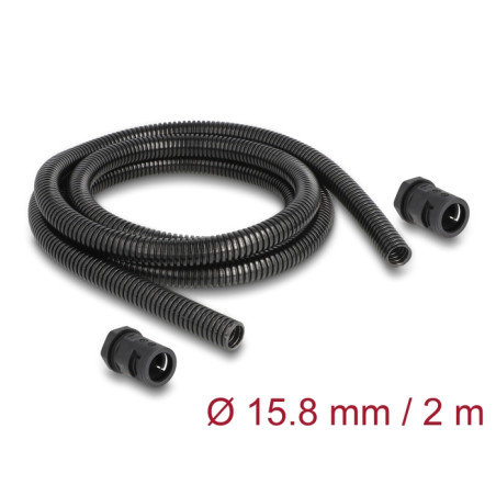 Delock Kabelschutzschlauch 2 m x 15,8 mm mit 2 x PG11 Schlauchverschraubung Set schwarz