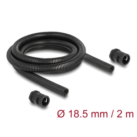 Delock Kabelschutzschlauch 2 m x 18,5 mm mit 2 x PG13,5 Schlauchverschraubung Set schwarz