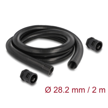 Delock Kabelschutzschlauch 2 m x 28,5 mm mit 2 x PG21 Schlauchverschraubung Set schwarz
