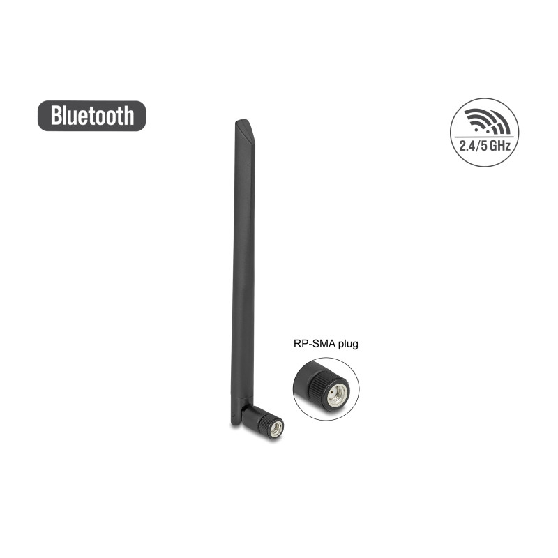 Delock WLAN 802.11 ac/ax/a/b/g/n Antenne RP-SMA Stecker 5 dBi 20 cm omnidirektional mit Kippgelenk flexibel und gummierter Oberf