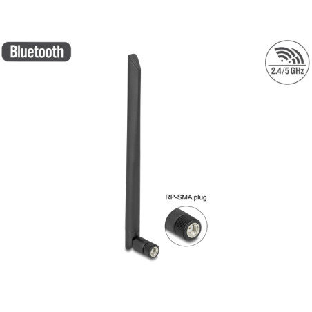 Delock WLAN 802.11 ac/ax/a/b/g/n Antenne RP-SMA Stecker 5 dBi 20 cm omnidirektional mit Kippgelenk flexibel und gummierter Oberf