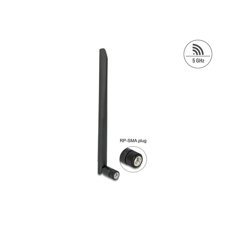 Delock WLAN 802.11 ac/ax/a Antenne RP-SMA Stecker 5 dBi 20 cm omnidirektional mit Kippgelenk und flexiblem Material schwarz