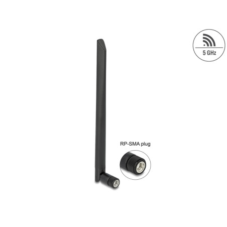 Delock WLAN 802.11 ac/ax/a Antenne RP-SMA Stecker 5 dBi 20 cm omnidirektional mit Kippgelenk und flexiblem Material schwarz