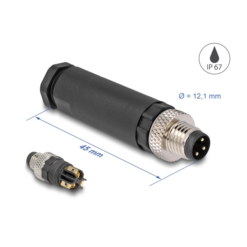 Delock M8 Steckverbinder A-kodiert 3 Pin Stecker zur Montage mit Schraubanschluss