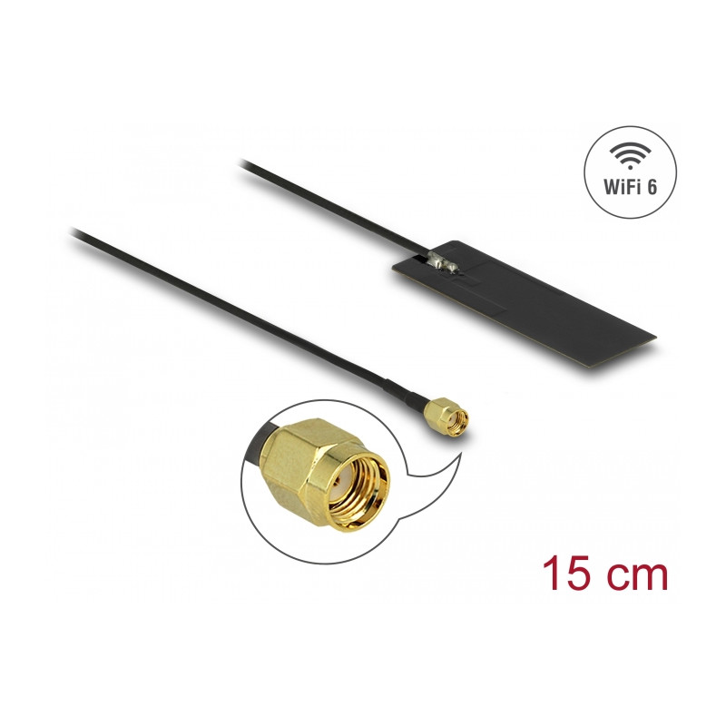 Delock WLAN WiFi 6 802.11 ac/ax/a/h/b/g/n Antenne RP-SMA Stecker 2 - 4 dBi 15 cm PCB intern Klebemontage