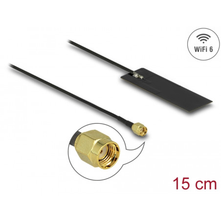 Delock WLAN WiFi 6 802.11 ac/ax/a/h/b/g/n Antenne RP-SMA Stecker 2 - 4 dBi 15 cm PCB intern Klebemontage