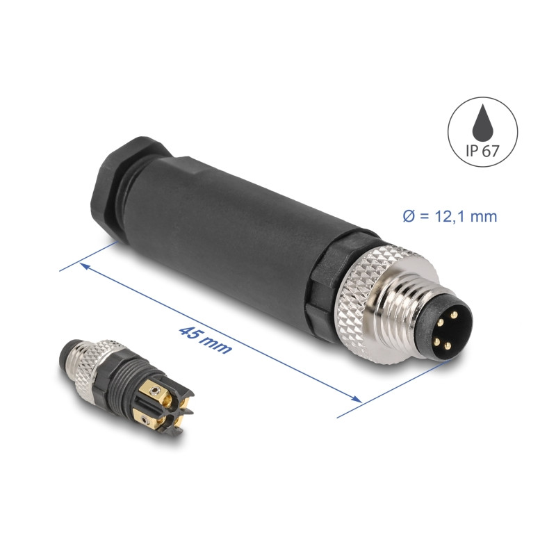 Delock M8 Steckverbinder A-kodiert 4 Pin Stecker zur Montage mit Schraubanschluss