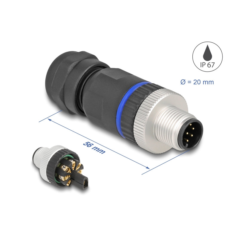 Delock M12 Steckverbinder A-kodiert 8 Pin Stecker zur Montage mit Schraubanschluss