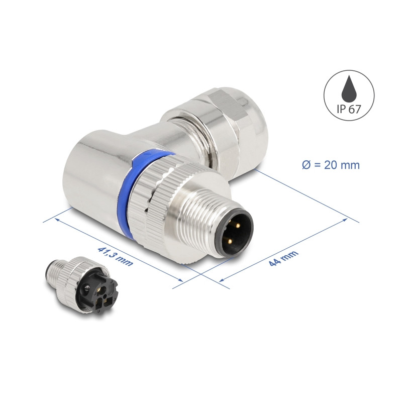 Delock M12 Steckverbinder A-kodiert 3 Pin Stecker zur Montage mit Schraubanschluss 90° gewinkelt Metall