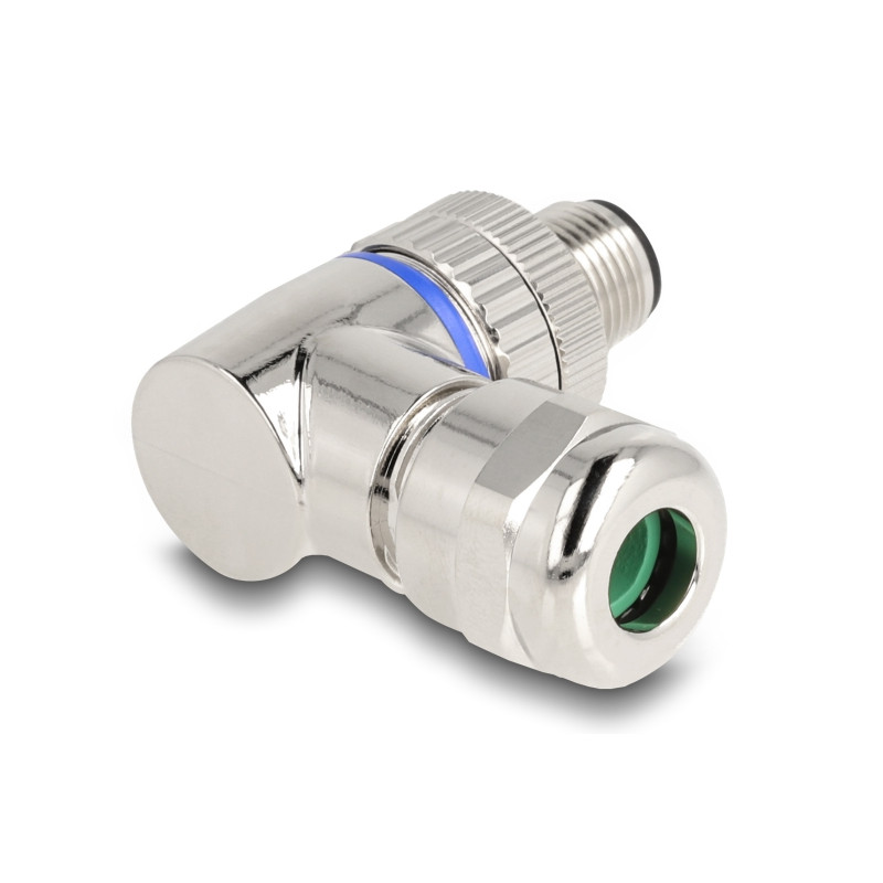 Delock M12 Steckverbinder A-kodiert 3 Pin Stecker zur Montage mit Schraubanschluss 90° gewinkelt Metall