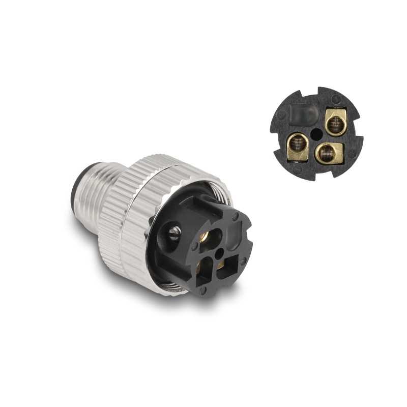 Delock M12 Steckverbinder A-kodiert 3 Pin Stecker zur Montage mit Schraubanschluss 90° gewinkelt Metall