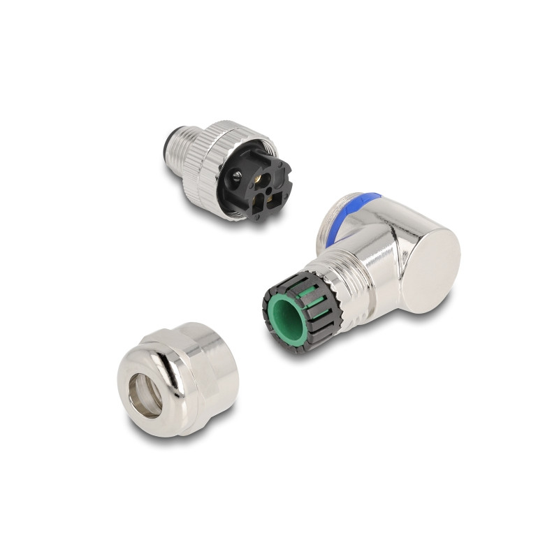 Delock M12 Steckverbinder A-kodiert 3 Pin Stecker zur Montage mit Schraubanschluss 90° gewinkelt Metall